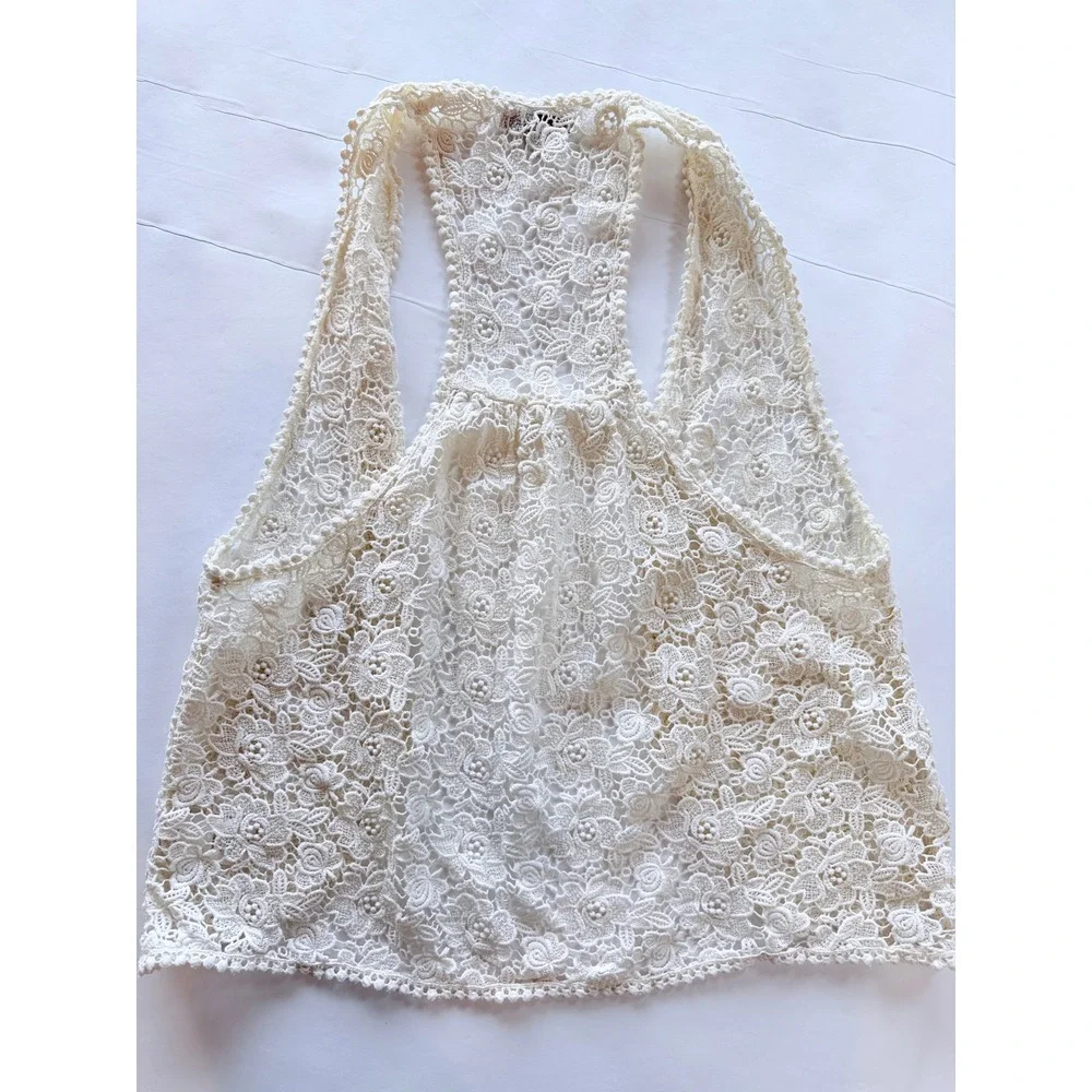Banana Republic Crochet Vest Women XS Ivory Cotton Floral‎ Lace Open Front Boho